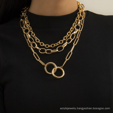 Retro metal style geometric necklace, hip-hop chain and round buckle set necklace